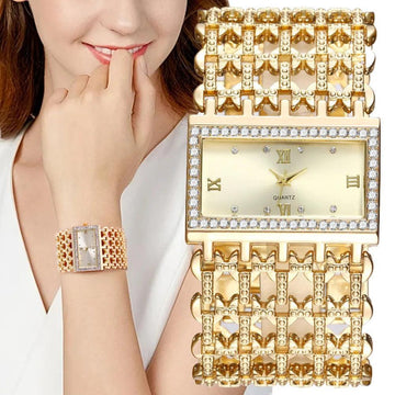 Fashion Light luxury Square CZ Diamonds Quartz Watches - Gold Colour Stainless Steel Bracelet - The Jewellery Supermarket